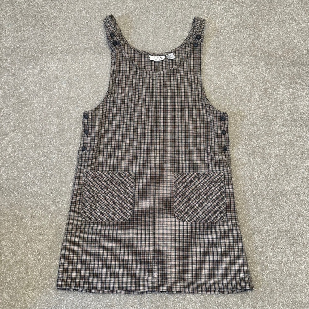 J.L.N.Y. Vintage Plaid Pinafore Dress Brown‎ Linen Cotton Blend Jumper Womens M